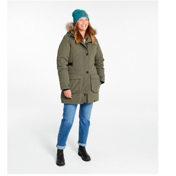 L.L.Bean Women Maine Mountain Parka Green Full Zip Fur Hood Small Heavy Duty